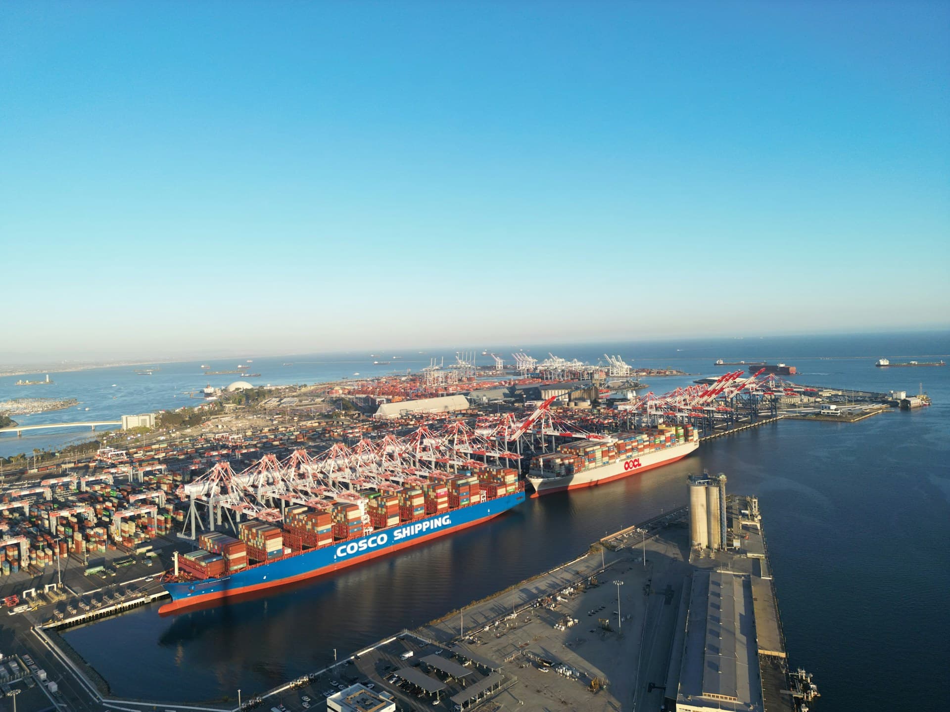 Aerial view of shipping port terminal and cargo logistics